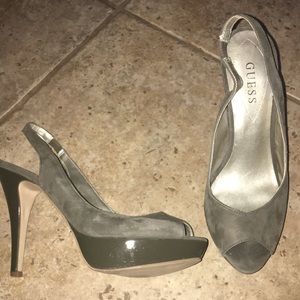 Guess Gray Faux Suede Patent Slingback Heels